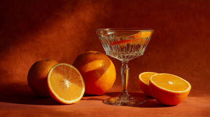 Elegant still life of fresh oranges, clear cocktail glass with citrus peel garnish, styled on orange background. Sophisticated citrus drink concept for premium bars, menu and editorial food design.