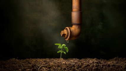 A small plant grows in the dark soil beneath a rusty pipe dripping water, in a high contrast scene.