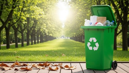 An open, full, green recycling bin sits on a wooden deck, leaves around, blurred nature background