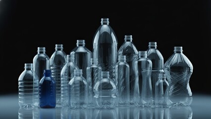Arrangement of assorted transparent plastic bottles against a dark background with a blue tinted