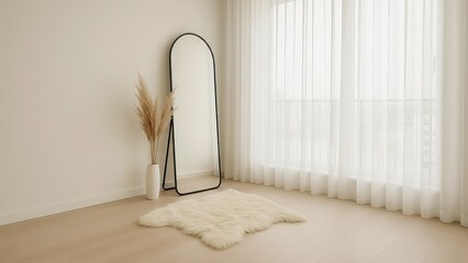 Minimalist interior featuring a sleek mirror, soft rug, vase with pampas grass, and sheer curtains.