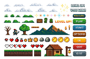 Set of elements in the style of pixel graphics, retro game, for adventure arcade level design. 80s - 90s style © Bohdan