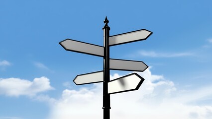 Blank directional signpost with arrows pointing different ways against a cloudy blue sky backdrop.