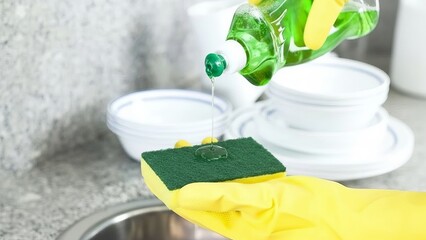 A gloved hand dispensing green dish soap onto a sponge in a kitchen setting to clean dishes.