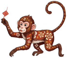 Cute cartoon monkey character holding lucky red paper knot and decorated with flower patterns for lunar new year