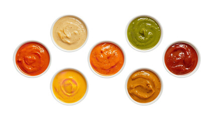 A variety of colorful sauces in small white bowls on transparent background