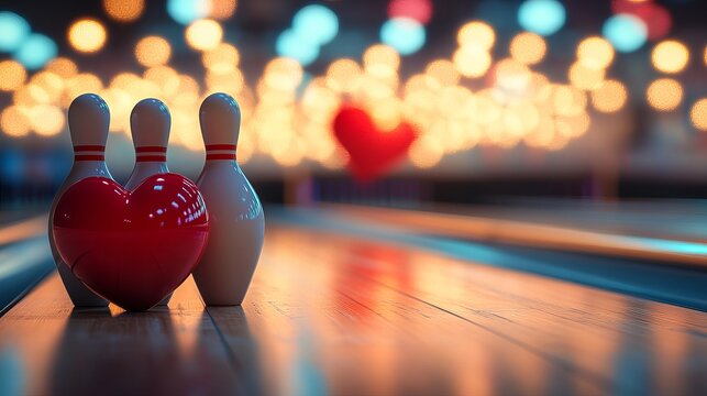 A red heart bowling ball stands next to pins on a lane with colorful lights in the background.