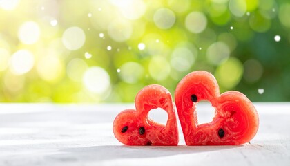 Watermelon heart slices, summer Valentine concept, bright airy background