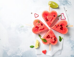 Watermelon heart slices, summer Valentine concept, bright airy background
