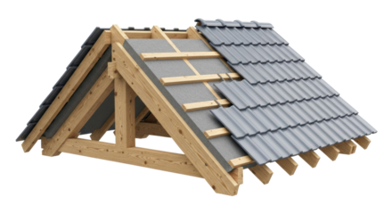 architectural 3d render of a roof cross-section showing light oak wooden rafters, grey foam insulation, and slate ceramic tiles against a transparent background, concept of modern construction