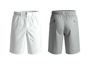 Two views of athletic shorts, white front, gray back