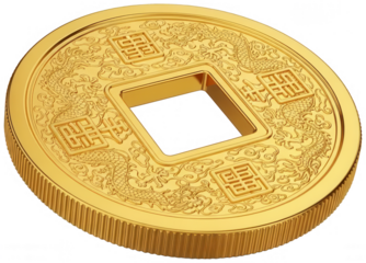 Stunning close up 3d render of traditional chinese gold feng shui coin featuring auspicious characters and intricate dragon engravings