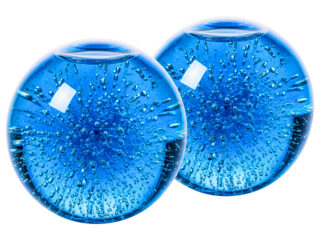 Pair of blue glass cryo globes with bubbles for facial massage therapy on a transparent background