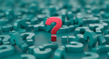 Multiple cyan question mark objects with single red question mark highlighting inquiry, knowledge, search, and problem solving concept