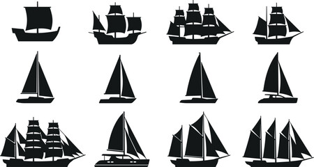 Collection of vintage sailing ship and sailboat silhouettes set, nautical transport icons, classic maritime vessels, black boat shapes  © Hey There