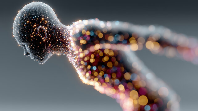 A detailed profile of a digital human head and torso, constructed from a complex wireframe mesh and dissolving into vibrant bokeh particles. Symbolizes AI consciousness and data connectivity. - Powered by Adobe