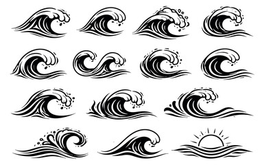 Fototapeta premium Hand drawn line art ocean waves set featuring various breaking water, splashing crests, and a sun for marine designs