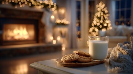 Cozy Christmas scene with cookies and milk, fireplace glow, and tree lights