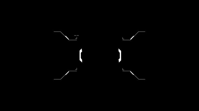 Futuristic HUD crosshair animation for sci fi targeting interface. Cyberpunk HUD reticle with digital tech elements for games and VR. Sci fi HUD overlay for cyber technology visuals.