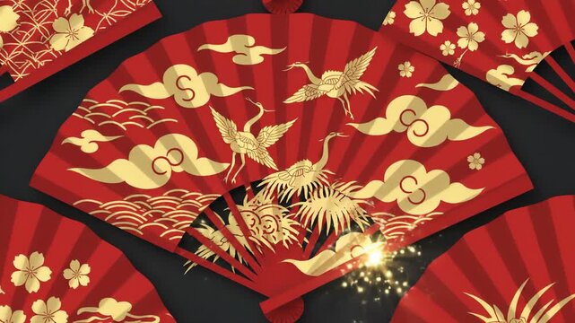 Several opened folding fans in vibrant red with intricate gold patterns of nature motifs like flowers, clouds and cranes, arranged in a circular composition on a dark backdrop.