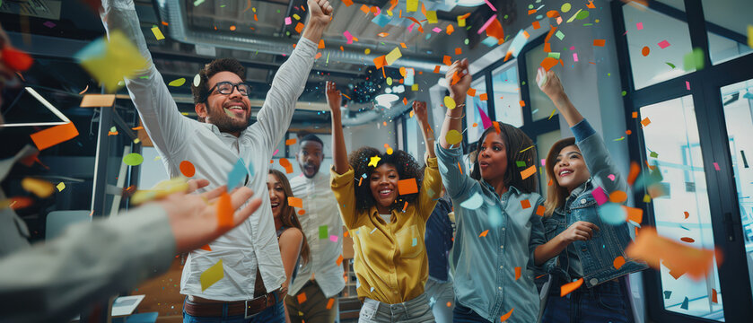 Diverse group of young professionals celebrating success with confetti in a modern office. Team achievement, startup culture, motivation, teamwork and positive work environment.