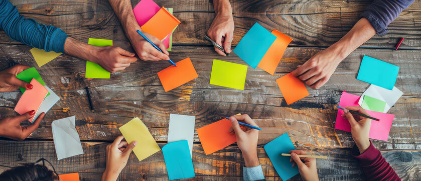 Creative team brainstorming ideas around a wooden table using colorful sticky notes. Collaboration, planning, innovation process, teamwork and modern business workshop concept.