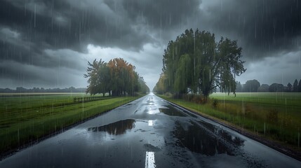 Rainy day on a wet country road with dark stormy clouds