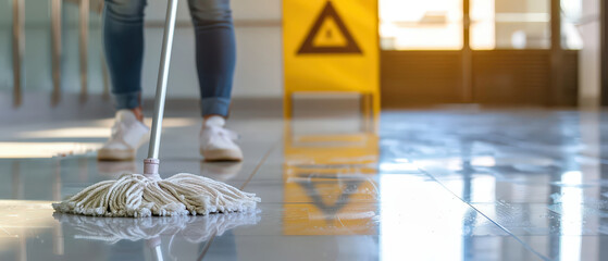 Close-up of professional cleaner mopping wet shiny floor in modern public building with warning sign in background, hygiene, sanitation, safety and maintenance service concept.