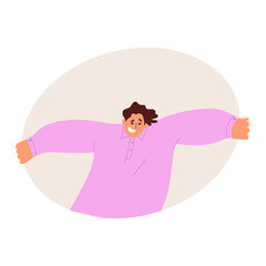 Man peeking out from behind circle, round,  saying hi, hello. Hand drawn vector illustration.