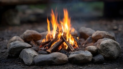 A vibrant campfire blazes with bright orange and yellow flames fueled by logs within a rugged stone circle on the forest floor