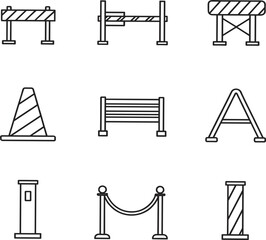 Traffic barriers line icons set featuring road construction hurdles safety cones bollards and crowd control security stanchion symbols.