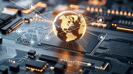The footage shows a digital world on a circuit board, connecting technology and global networks in different frames - Powered by Adobe
