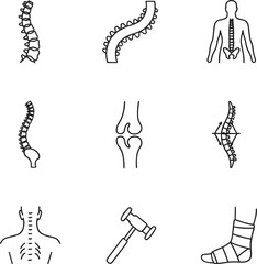 Spinal health line icons set featuring human backbone vertebrae orthopedic joints medical reflex hammers and foot injury bandages.