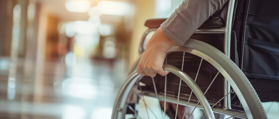 Obraz premium Close up of a person using a wheelchair in a modern hospital corridor. Concept of accessibility, mobility, healthcare support, disability rights and inclusive medical environment.