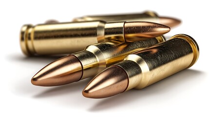 Close-up of several brass and copper projectiles on a white surface, with a shallow depth of field
