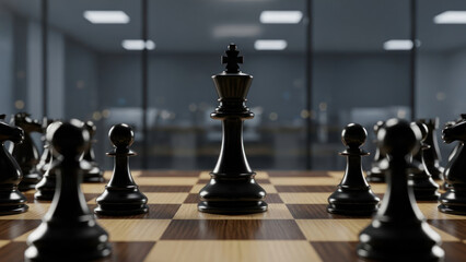 Chessboard with a king piece in the center, illuminated by indoor lighting.