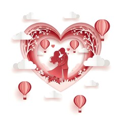 Couple dancing inside a heart-shaped paper cutout isolated on white background