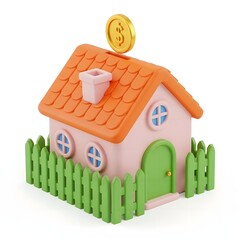 Piggy bank house with coin isolated on white background