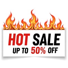 Hot sale up to 50% off with fire background isolated on white background