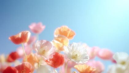 Pastel soft flowers blue sky. Soft focus beautiful cosmos flowers are blooming in vintage tones with bright sky background. Spring landscape
