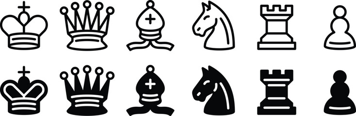 Chess pieces icon set, two versions - white and black. Vector illustration.