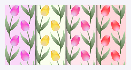 A set of 4 bright spring patterns with large multicolored tulips