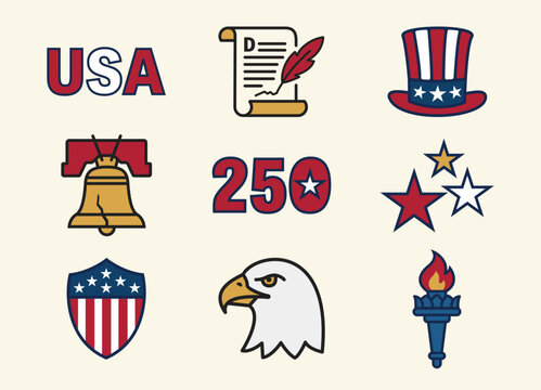 Flat icons set for USA 250th anniversary and Independence Day celebration