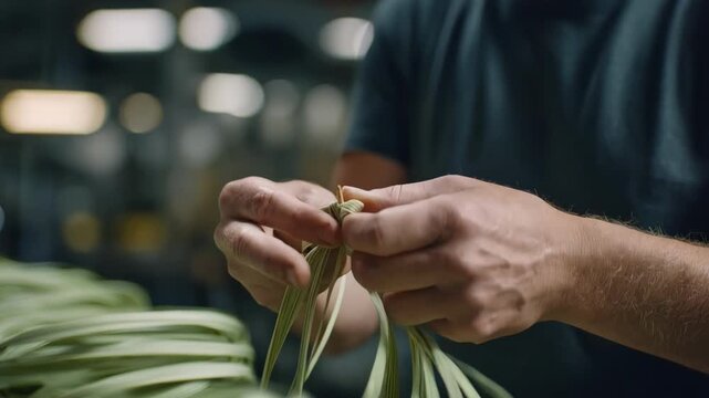 Medium shot of hands examining a flexible starchbased wire sheath highlighting its natural texture and ecofriendly properties in a sustainable manufacturing setting.