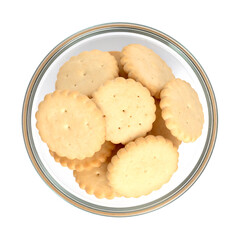 Overhead Shot of Scalloped Round Biscuits in a Clear Glass Bowl