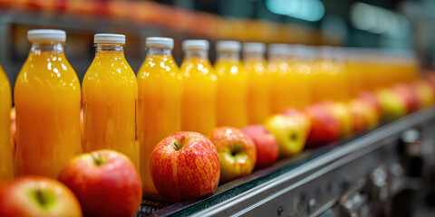 Vibrant Apples and Freshly Squeezed Orange Juice Bottles on a Conveyor Belt at a Fruit Store