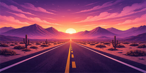 An empty asphalt highway stretches toward a scenic mountain horizon under a sunset sky during a desert road trip journey through the California valley landscape © AbidurRahman