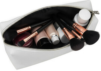 Makeup brushes and cosmetics in white pouch