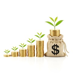 Stacks of gold coins with growing plants symbolizing financial growth isolated on white background