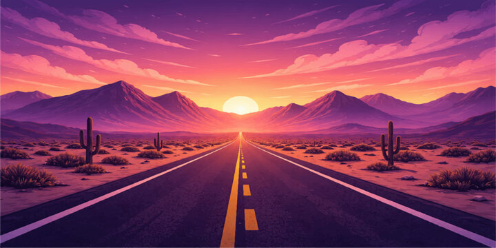 An empty asphalt highway stretches toward a scenic mountain horizon under a sunset sky during a desert road trip journey through the California valley landscape